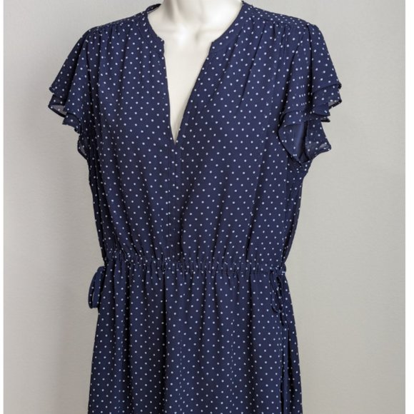 H&M Navy Blue V-neck Polk-A-Dot Midi Dress with Ruffled Sleeves & Tie Waist - Picture 2 of 11
